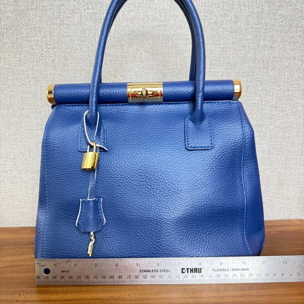 Italian Leather Satchel Quiet Luxury Y2K Cobalt‎ Blue Top Handle Crossbody Bag